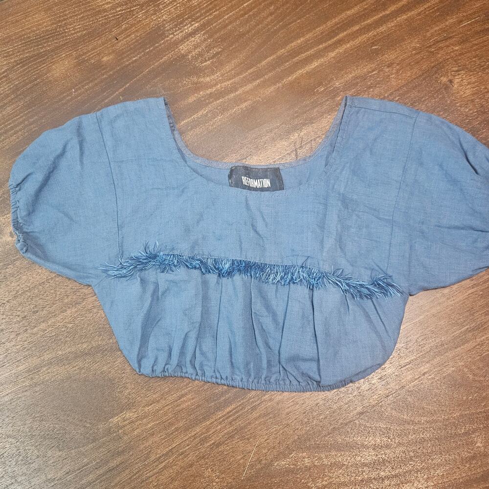 Reformation Jalisco  Blue  Linen - Fringe Crop Top Size Small